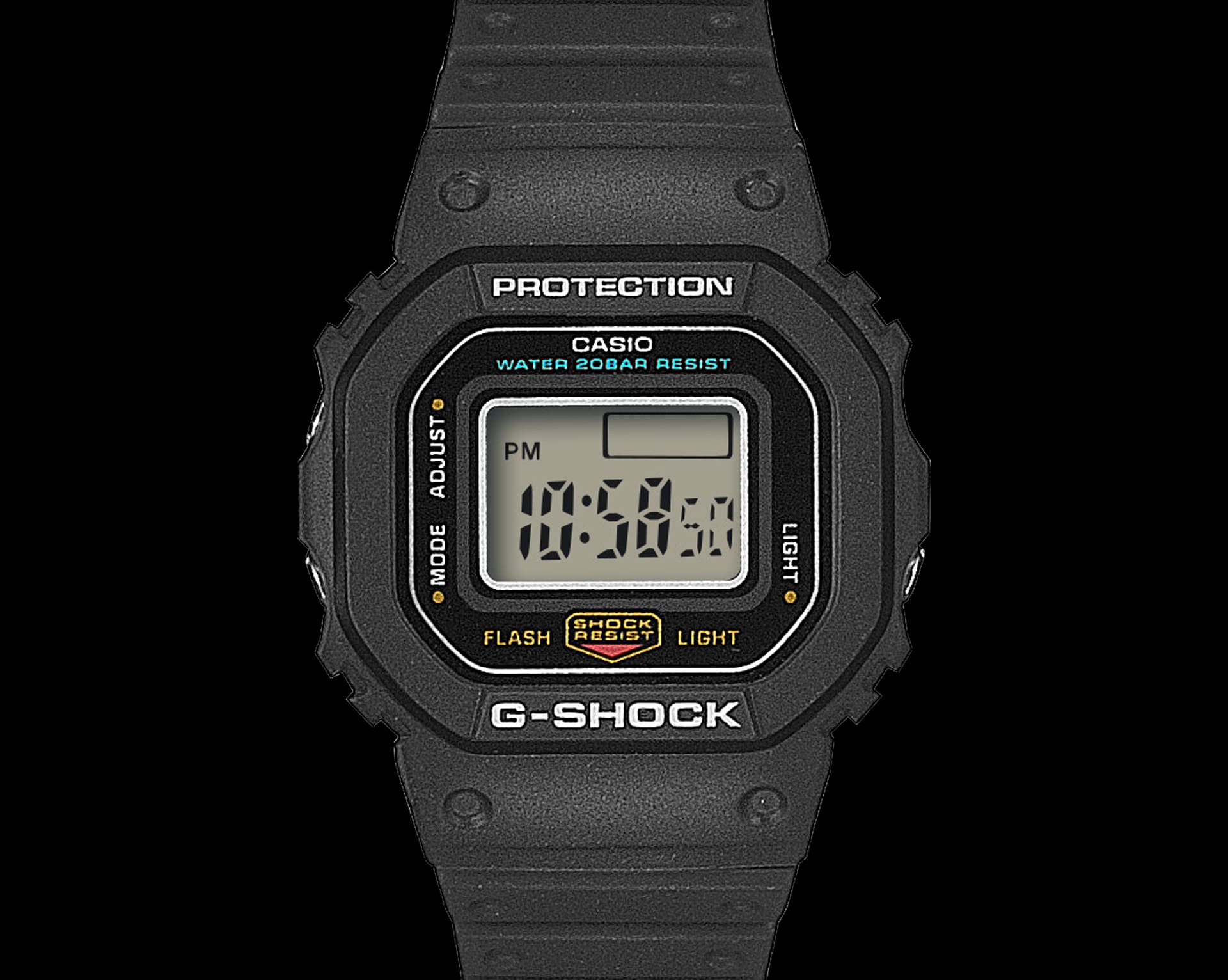 Compact black Casio G‑Shock watch on a rugged surface, highlighting its durable design