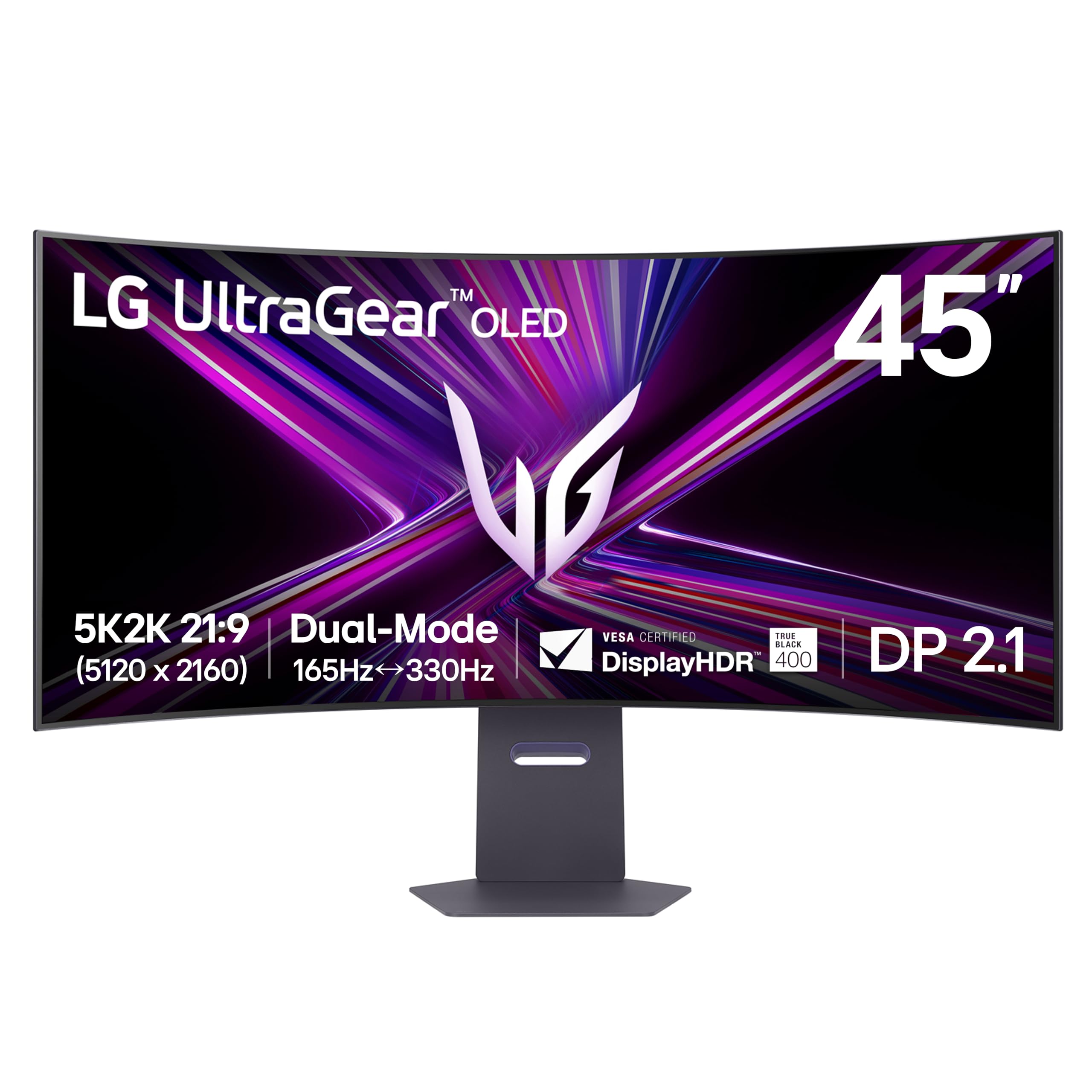 45-inch OLED monitor on a desk showcasing vivid colors and deep blacks