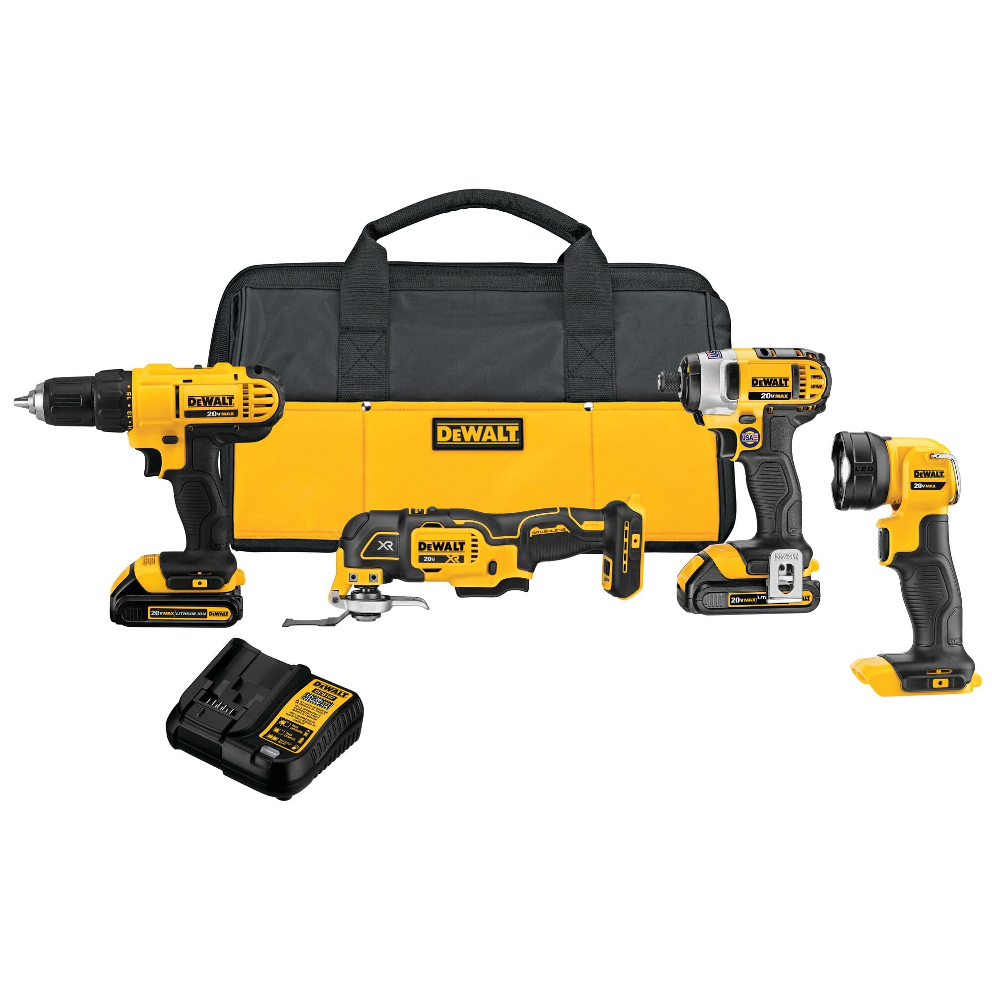 DeWalt 20V Max cordless combo kit with drill, impact driver, batteries, charger, tool bag