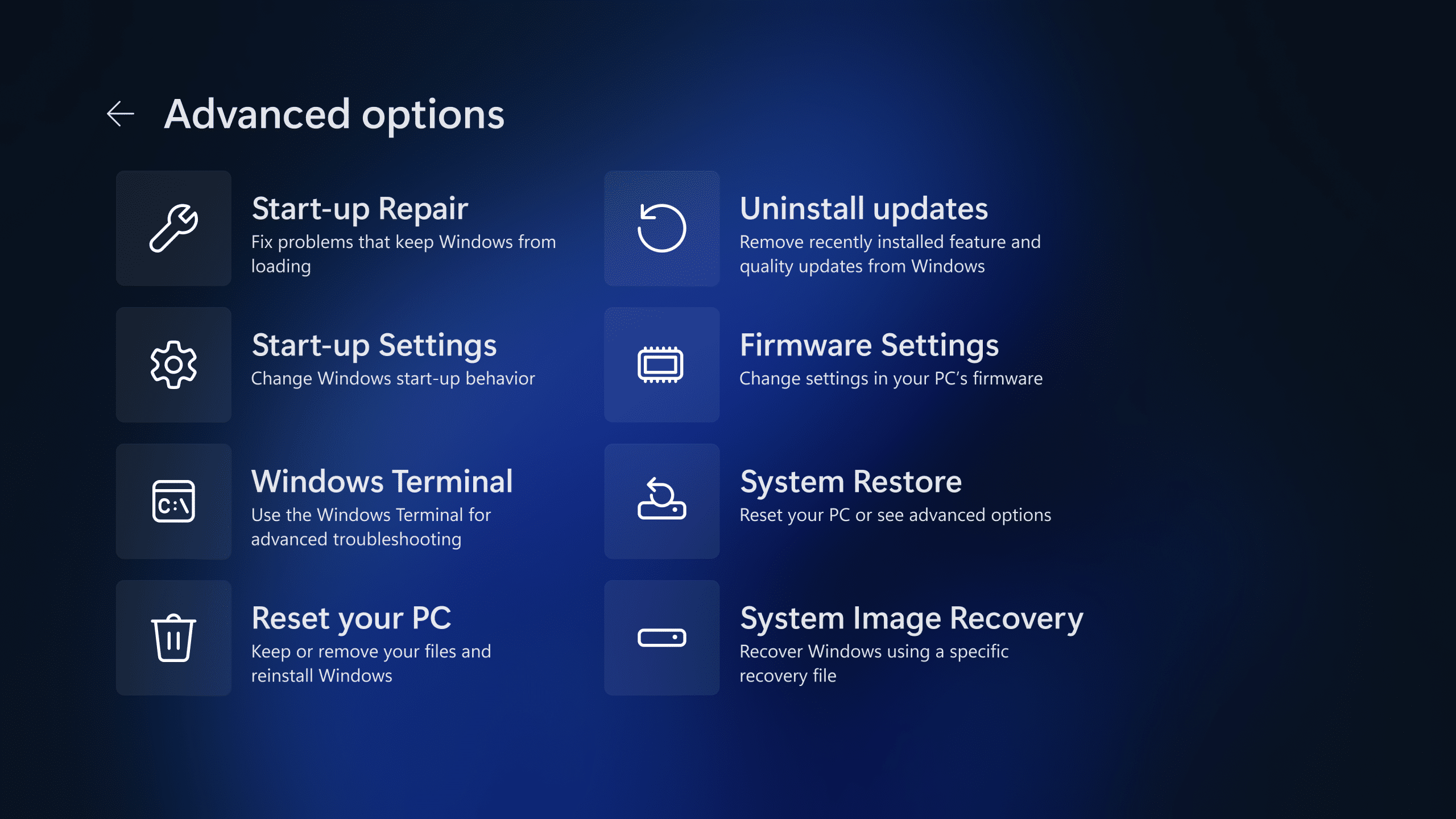 Windows 11 Recovery Environment menu with patch fixes to recovery and boot options