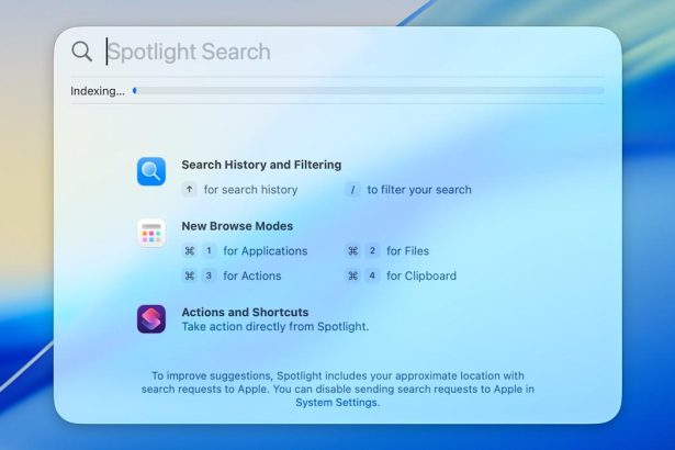 Spotlight Actions in macOS Tahoe for search-triggered quick tasks and app shortcuts