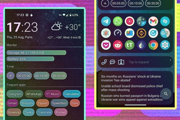 Widget-first smartphone home screen with weather, calendar, and task widgets