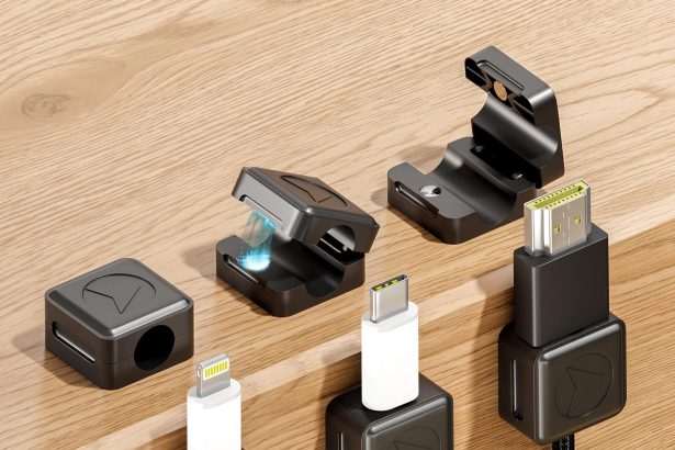Magnetic cable clips securing USB charging cords for tidy desk cable management