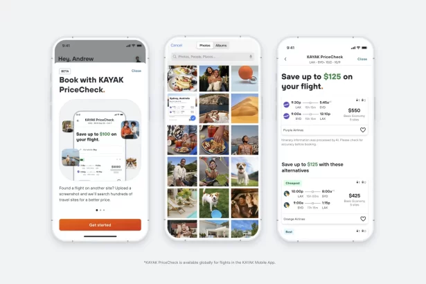 Kayak app AI Mode interface for trip planning with flight and hotel suggestions