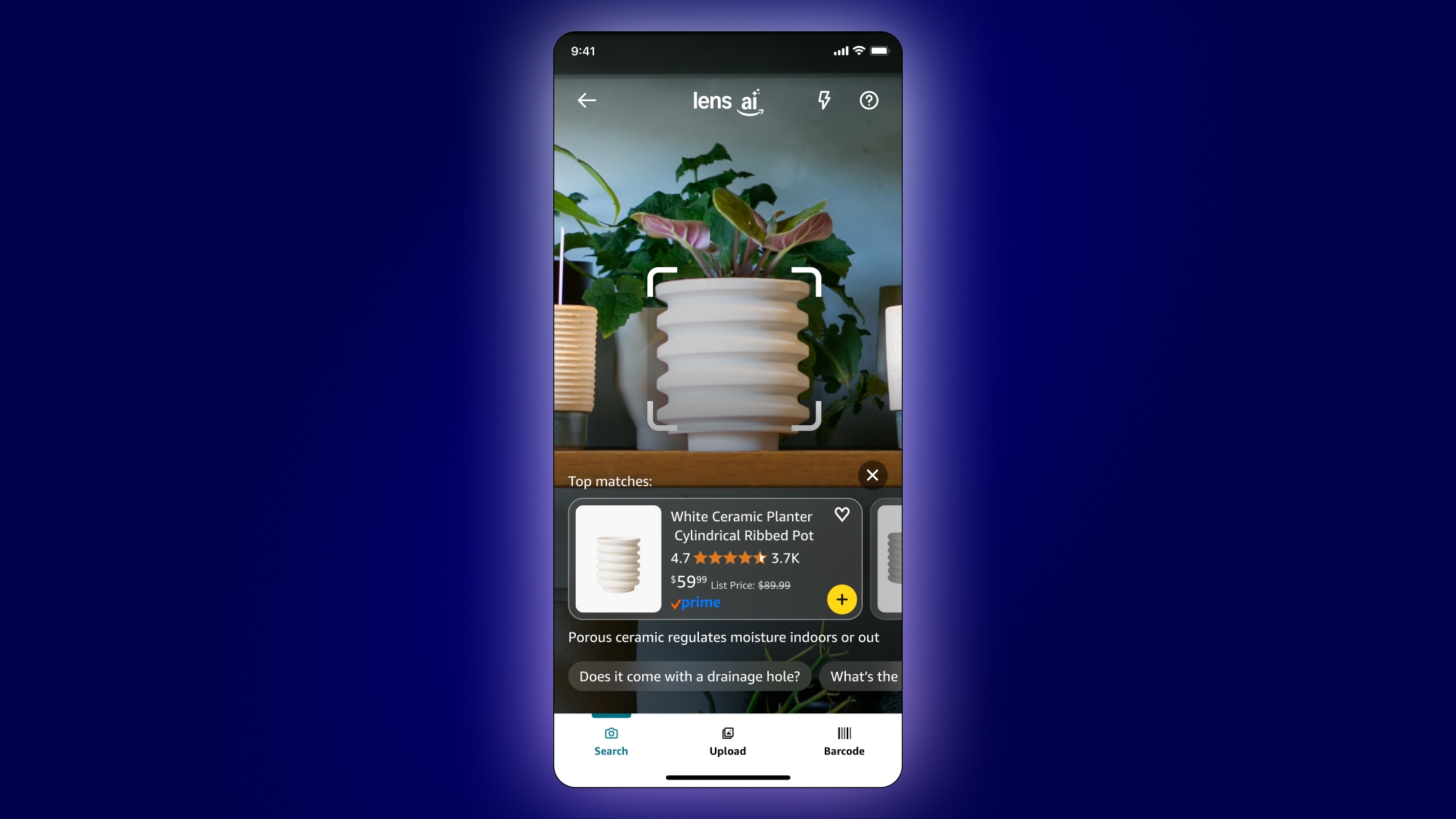 Smartphone using new AI camera search to recognize objects and display visual search results
