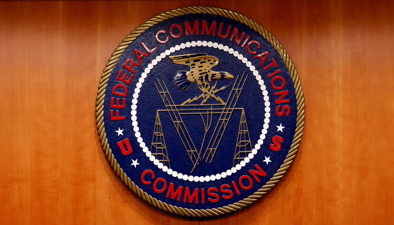 The official seal of the Federal Communications Commission, a blue and red circular emblem with an eagle and antennae design, mounted on a wooden wall