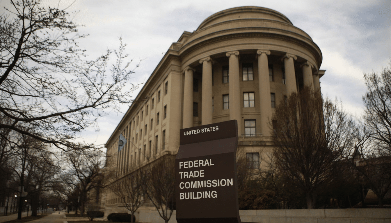 The Federal Trade Commission Building , a large classical building with columns, under a cloudy sky, with a sign in the foreground.