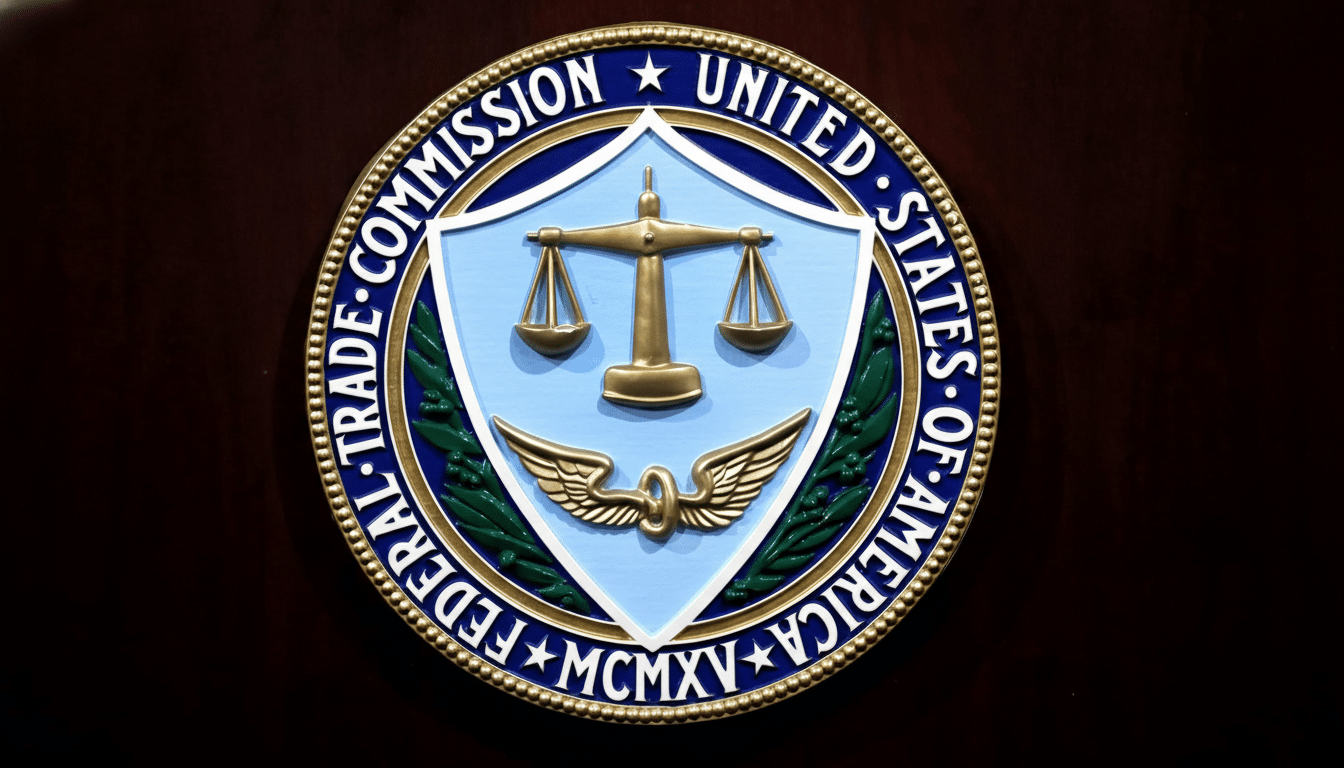 The Seal of the Federal Trade Commission (FTC ) is prominently displayed, featuring a dark blue outer ring with  FEDERAL TRADE COMMISSION UNITED STATES OF AMERICA MCM XV inscribed in gold lettering. The inner emblem showcases a gold scale of justice centered over a light blue shield, flanked by green leaves and a pair of golden wings at the bottom. The seal is affixed to a dark wooden surface, highlighting its official and authoritative presence .