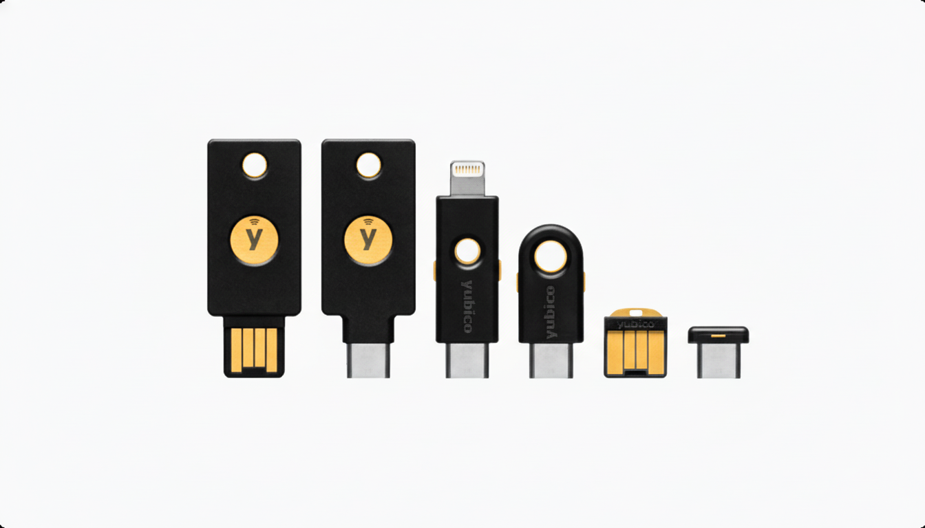 A professional image of six Yubico security keys in various form factors, including USB-A, USB-C, and Lightning connectors, arranged horizontally on a clean white background.