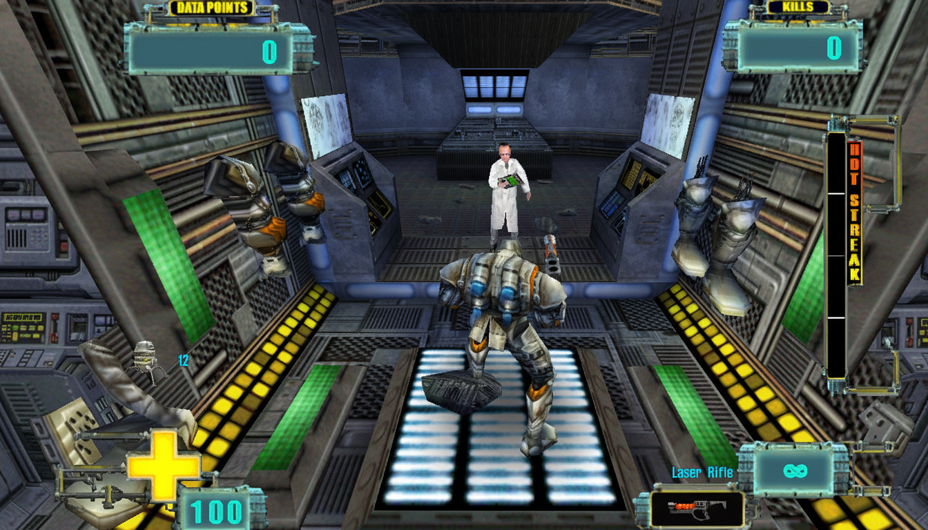 A screenshot from a video game showing a character in a futuristic suit facing a scientist in a lab coat, with various game interface elements visible.