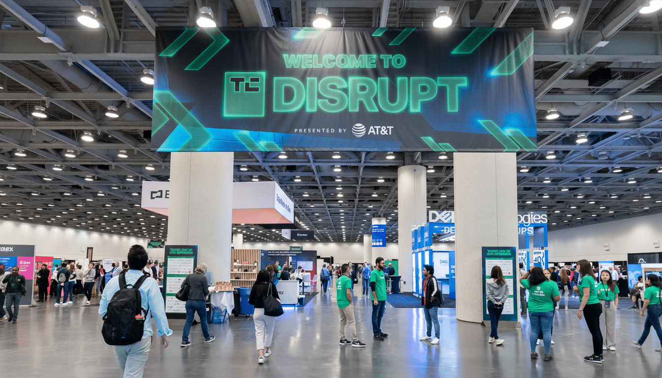 A large banner welcoming attendees to the  Disrupt event , presented by AT &T, hangs above a busy conference floor with numerous people walking around.