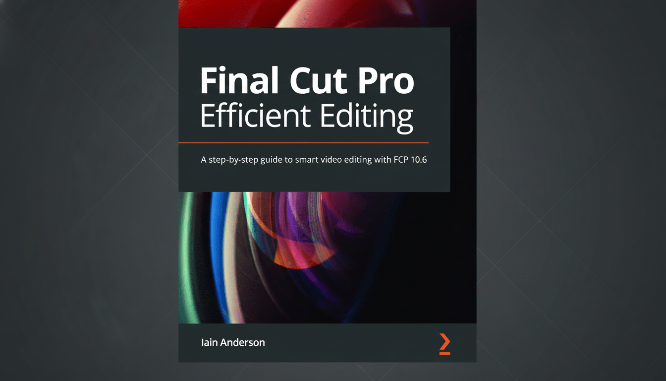 A book cover for Final Cut Pro Efficient Editing by Iain Anderson, showcasing a professional , flat design background with soft patterns and gradients, resized to a 16: 9 aspect ratio.