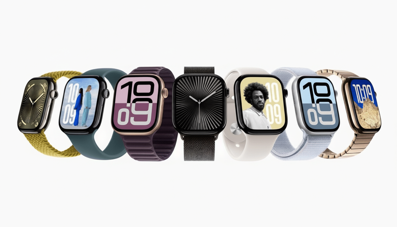 Seven Apple Watches displayed in a row, each with a different band and watch face, against a plain white background.