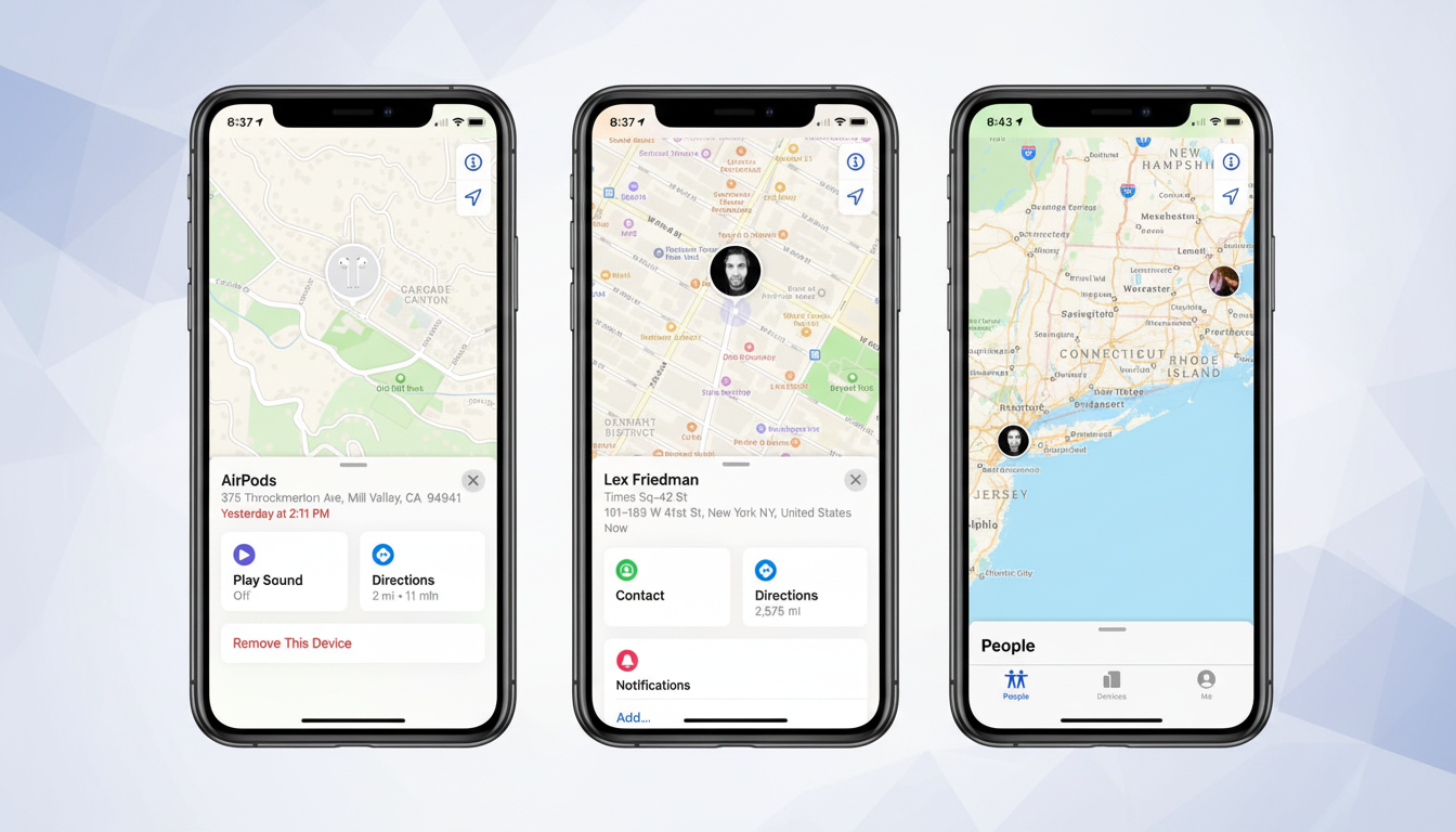 Three iPhones displaying the Find My app. The left phone shows AirPods located in Mill Valley, CA. The middle phone shows Lex Friedmans location in Ti