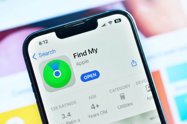 Close -up of an iPhone screen displaying the Find My app details in the App Store, with the app icon visible.