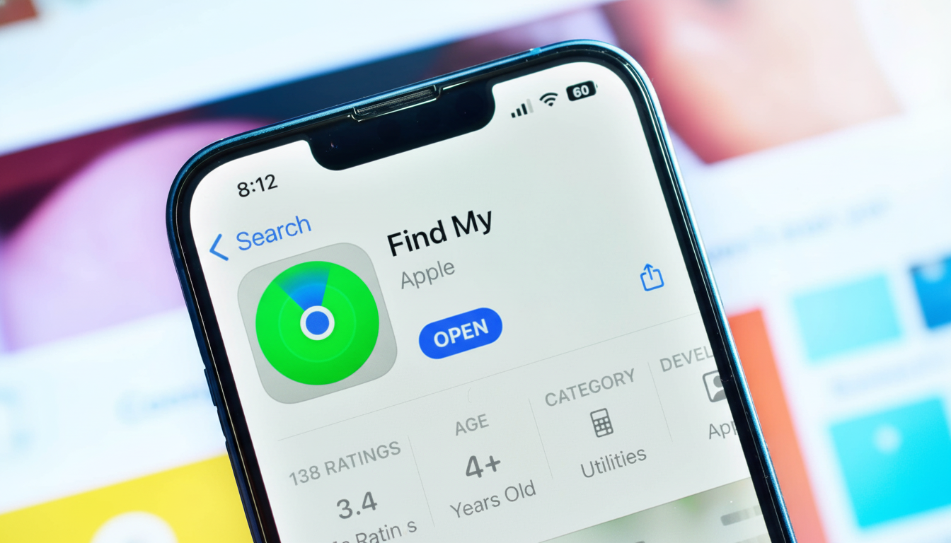 Close -up of an iPhone screen displaying the Find My app details in the App Store, with the app icon visible.