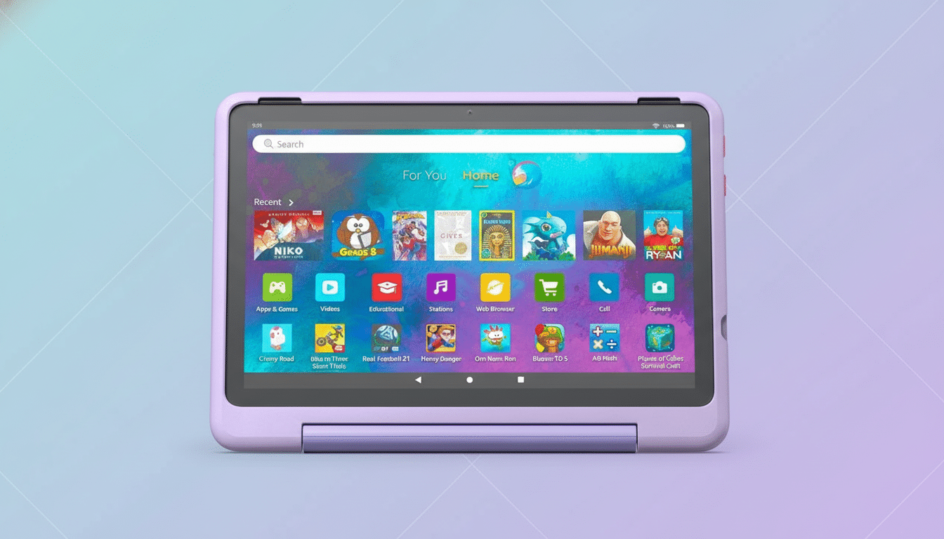 A professional shot of a purple Amazon Fire HD 8 Kids Pro tablet displaying various app icons and a search bar on a muted blue and purple gradient bac