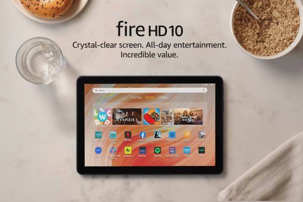 A Fire HD 10 tablet displaying various entertainment apps, surrounded by a bagel , a glass of water, and a bowl of cereal, with text highlighting its features .