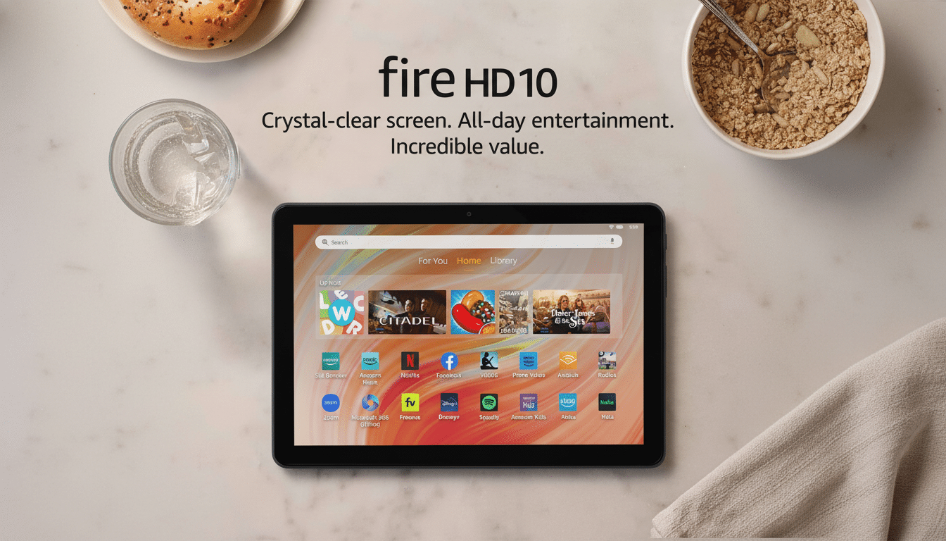 A Fire HD 10 tablet displaying various entertainment apps, surrounded by a bagel , a glass of water, and a bowl of cereal, with text highlighting its features .