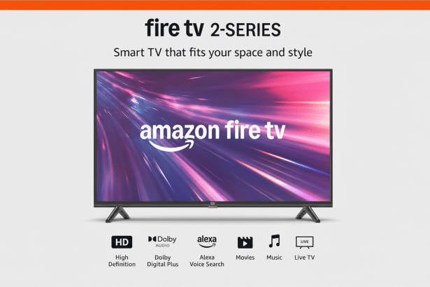 An Amazon Fire TV 2 -Series smart TV with a vibrant , abstract screen display , presented on a professional flat gray background with the Amazon Fire TV logo and feature icons below.