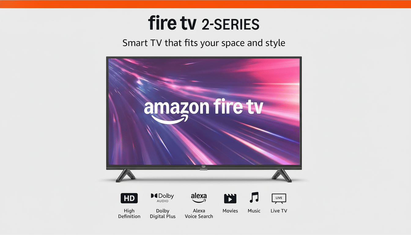 An Amazon Fire TV 2 -Series smart TV with a vibrant , abstract screen display , presented on a professional flat gray background with the Amazon Fire TV logo and feature icons below.