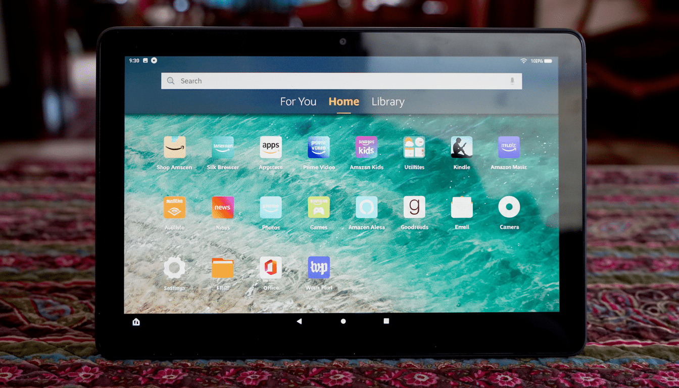 An Amazon Fire tablet displaying its home screen with various app icons , including Amazon Shop , Silk Browser, Appstore, Prime Video, Amazon Kids , Utilities, Kindle , Amazon Music, Audible, News, Photos , Games, Amazon Alexa, Goodreads, Email, Camera , Settings, Files , Office, and Warp Text.
