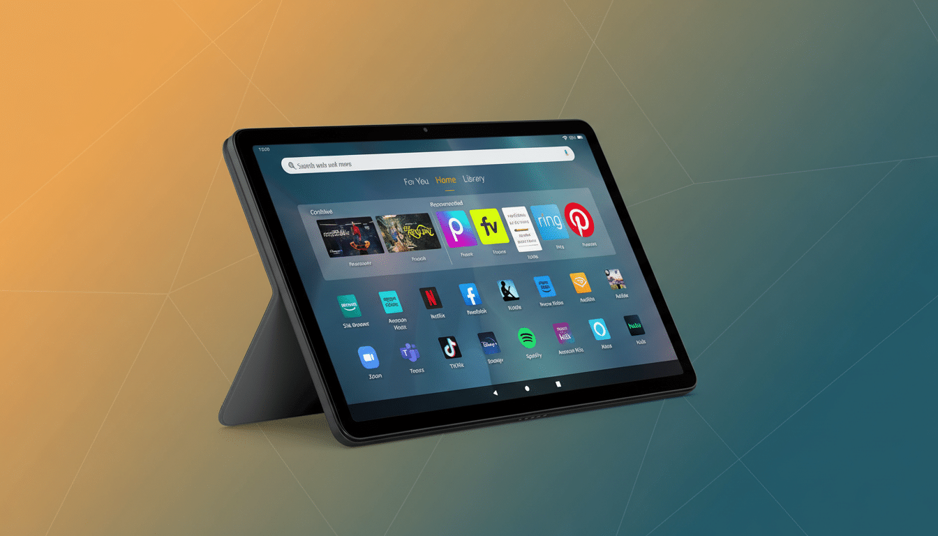 A black tablet displaying various app icons on its screen, set against a professional background with a soft orange to blue gradient and subtle geometric patterns.