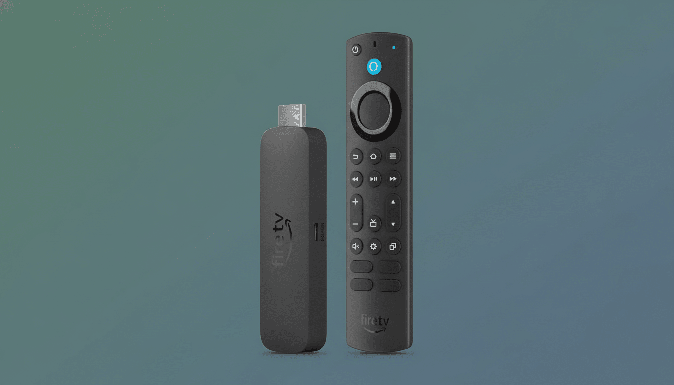 A professional image of an Amazon Fire TV Stick 4K Max and its accompanying voice remote, both in black, presented on a gradient background. The remot