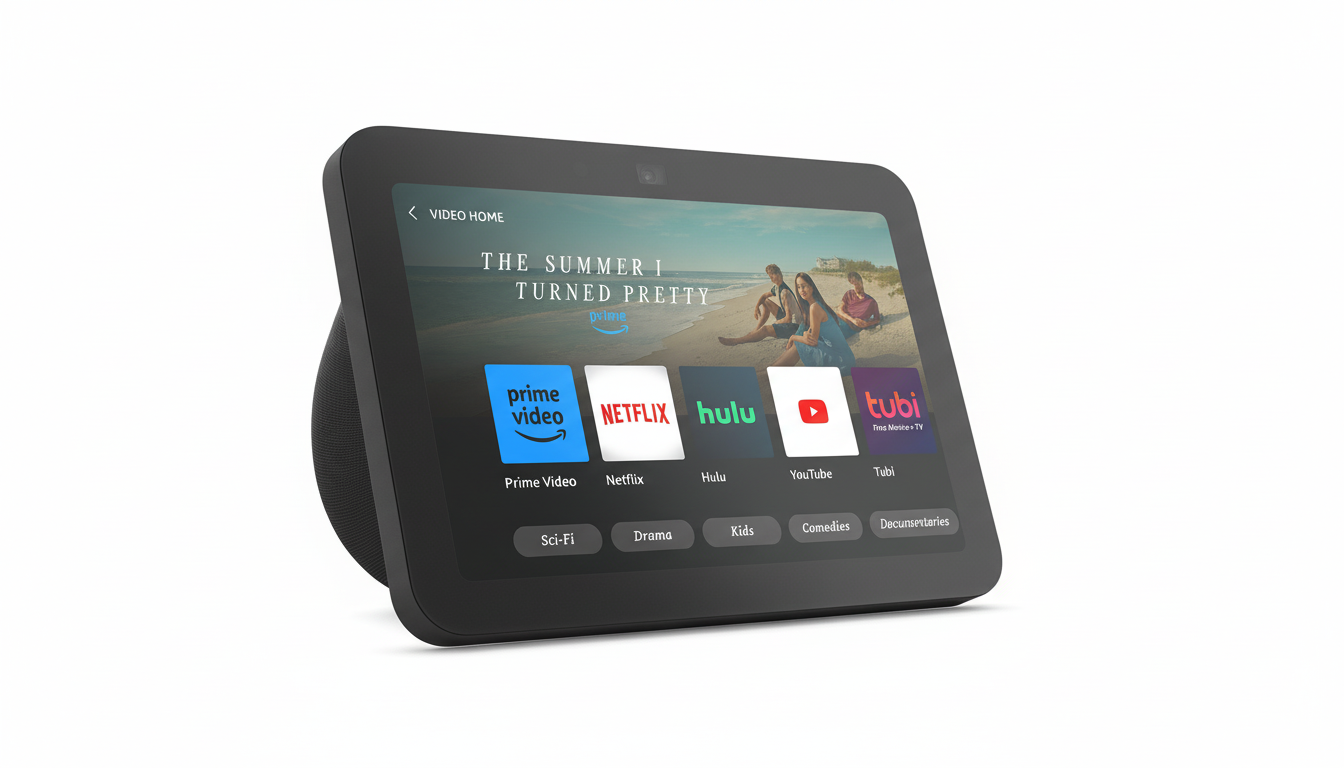 A black smart display showing a video streaming interface with various app icons and a movie playing.