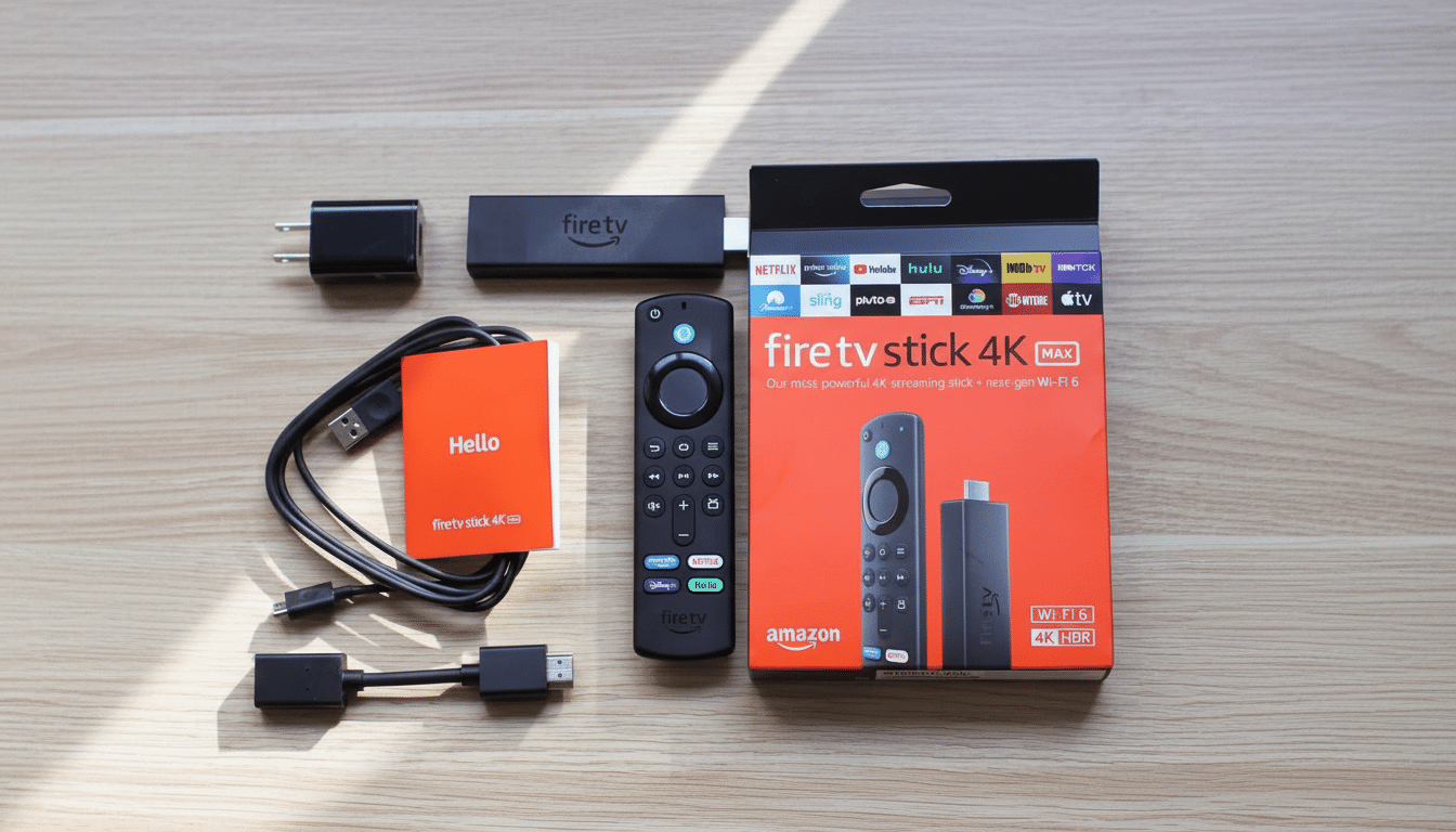 An overhead shot of the Amazon Fire TV Stick 4K Max, its remote, power adapter, HDMI extender, and documentation, laid out on a light wooden surface.