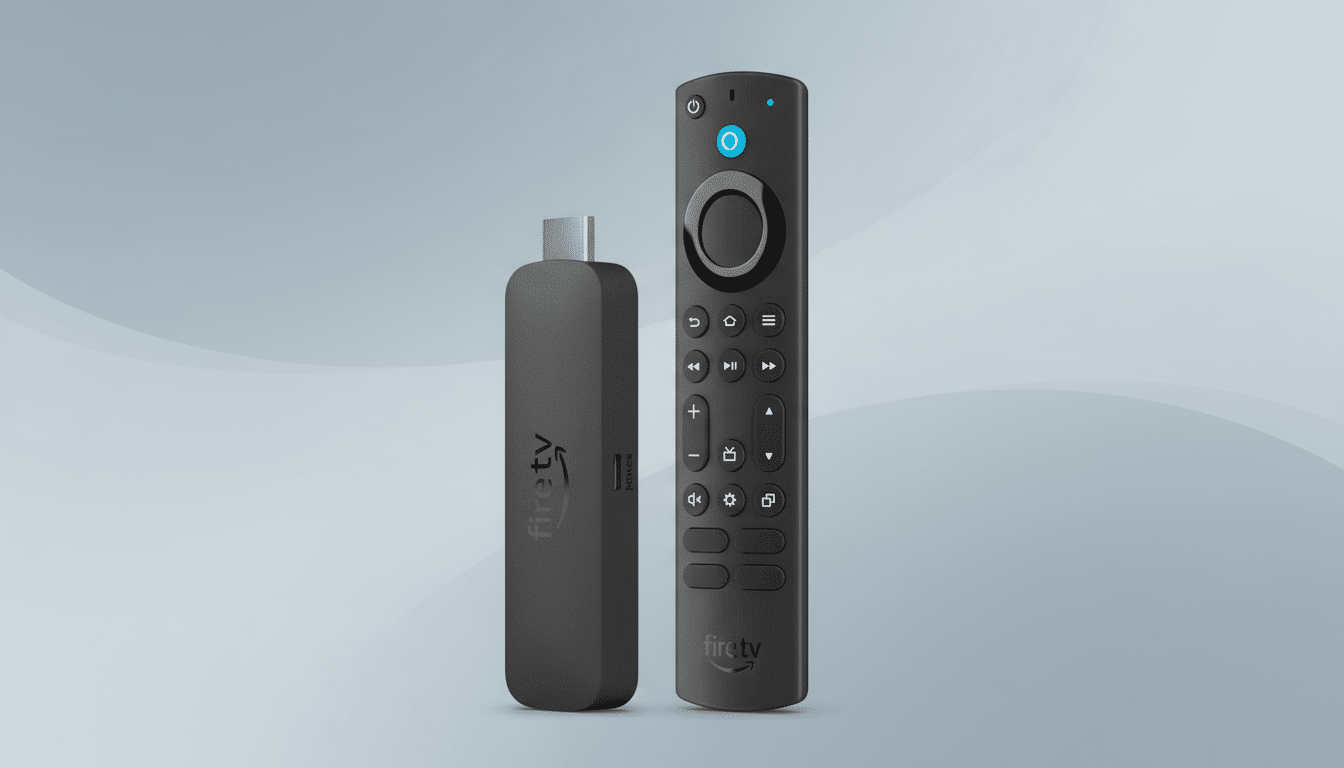 An Amazon Fire TV Stick and its remote control, presented on a subtle grey gradient background with soft patterns.