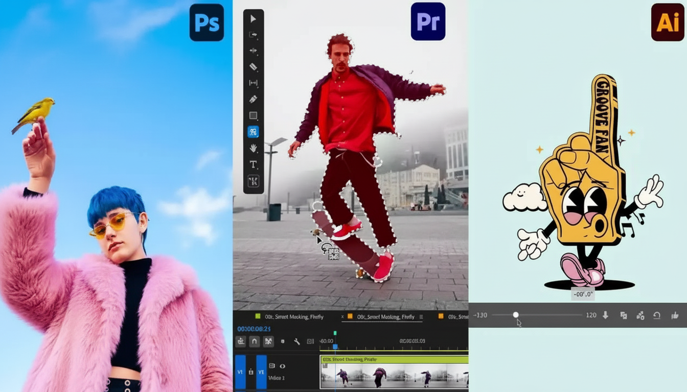 A triptych of images demonstrating creative software capabilities. The left panel shows a person in a pink fur coat holding a yellow bird against a blue sky. The middle panel displays a video editing interface with a person on a skateboard being masked. The right panel features a cartoon hand wearing a GROOVE FAN foam finger.