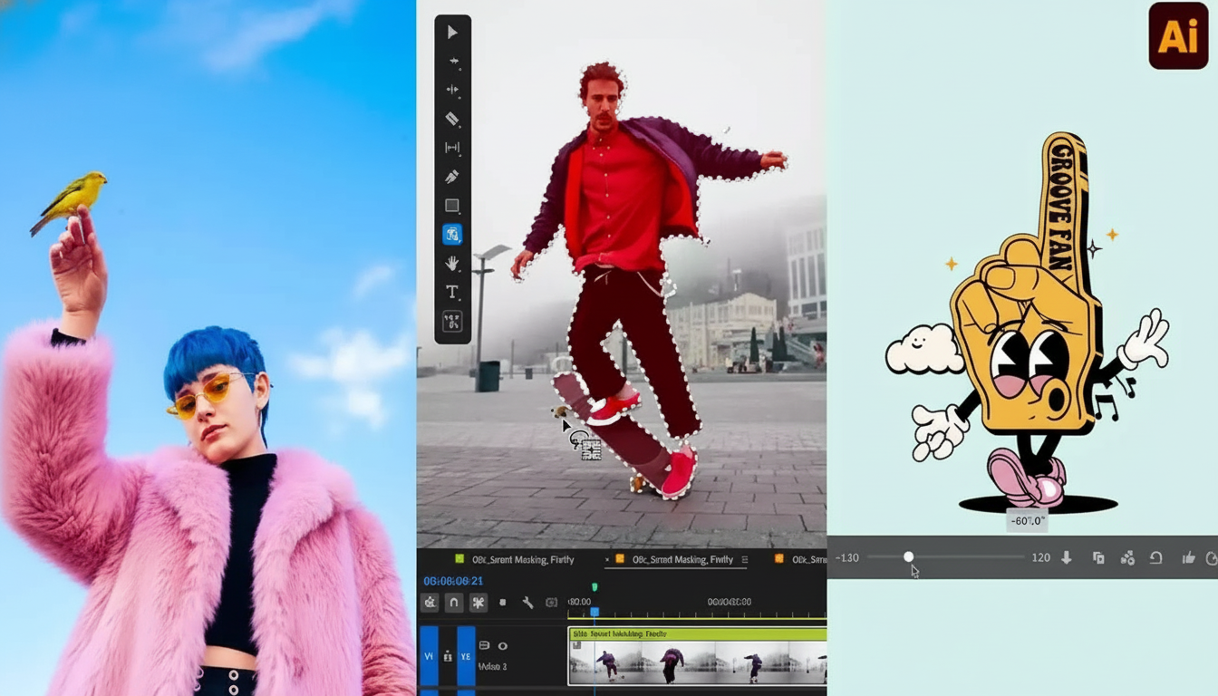 A split image showing three different digital editing scenarios. On the left, a person in a pink fur coat holds a yellow bird against a blue sky. The middle panel shows video editing software with a person on a skateboard being masked. The right panel displays a cartoon hand with the text GROOVE FAN and a cloud icon.