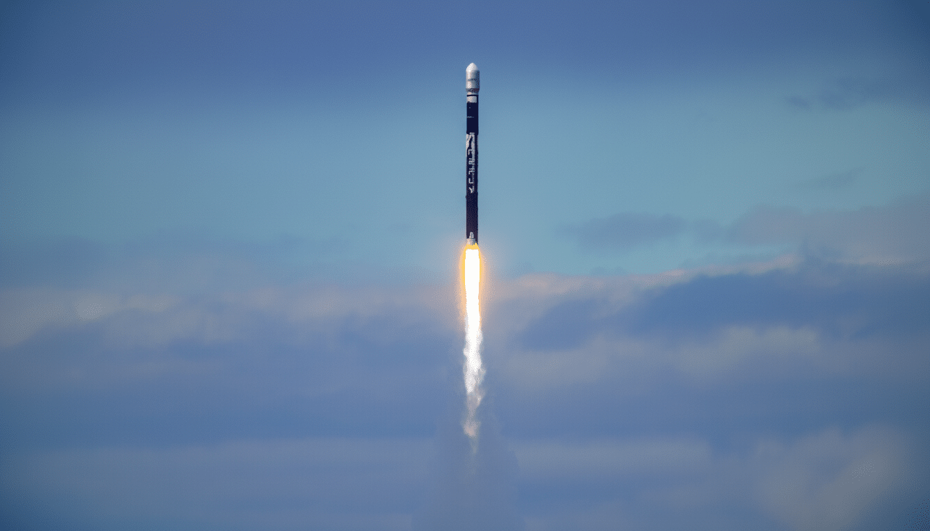 lt Text: A black and white rocket, labeled FIRE FLY, ascends against a cloudy blue sky, propelled