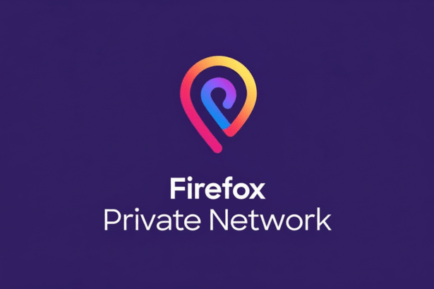 The Firefox Private Network logo featuring a colorful , abstract pin icon with a gradient from orange to pink to blue, above the words Firefox Private Network in white text on a dark purple background with subtle blue and purple gradient edges.