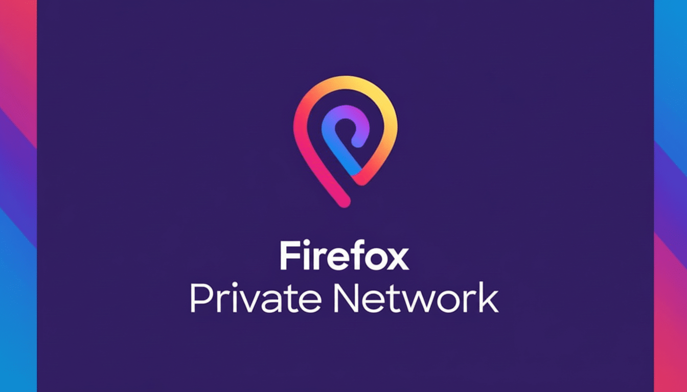 The Firefox Private Network logo featuring a colorful , abstract pin icon with a gradient from orange to pink to blue, above the words Firefox Private Network in white text on a dark purple background with subtle blue and purple gradient edges.