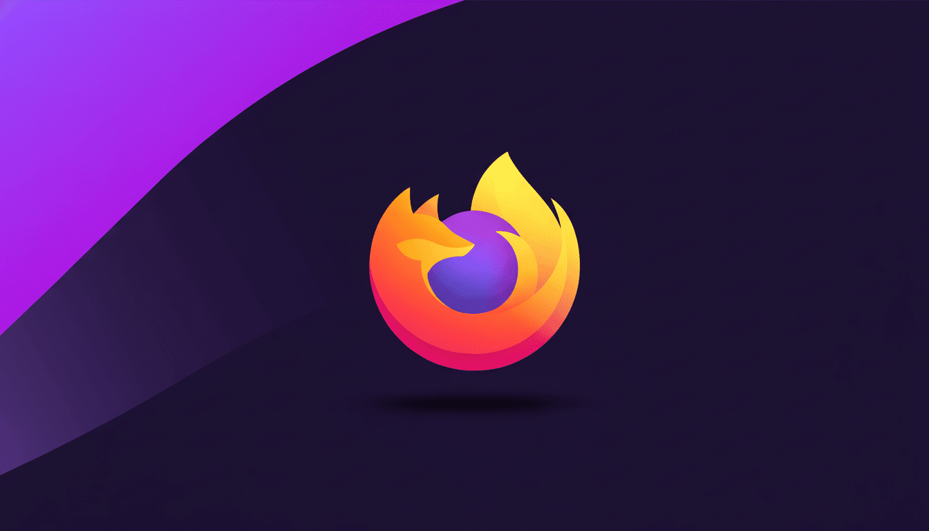 The Firefox logo, a stylized fox embracing a globe, set against a dark purple background with a diagonal purple gradient element in the upper left corner. The image is professionally enhanced and resized to a 16:9 aspect ratio.
