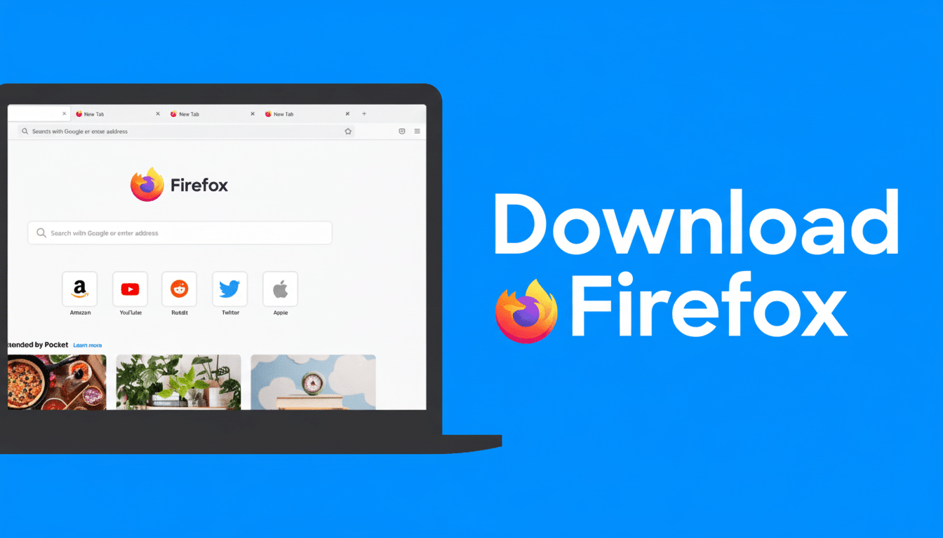 A laptop displaying the Firefox browser interface on a bright blue background with the text Download Firefox and the Firefox logo.