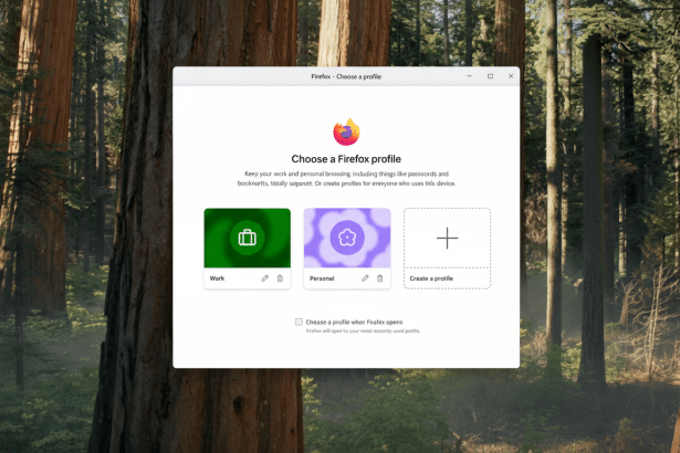 A screenshot of the Firefox profile selection window, displaying Work and Personal profile options along with an option to Create a profile, superimpo