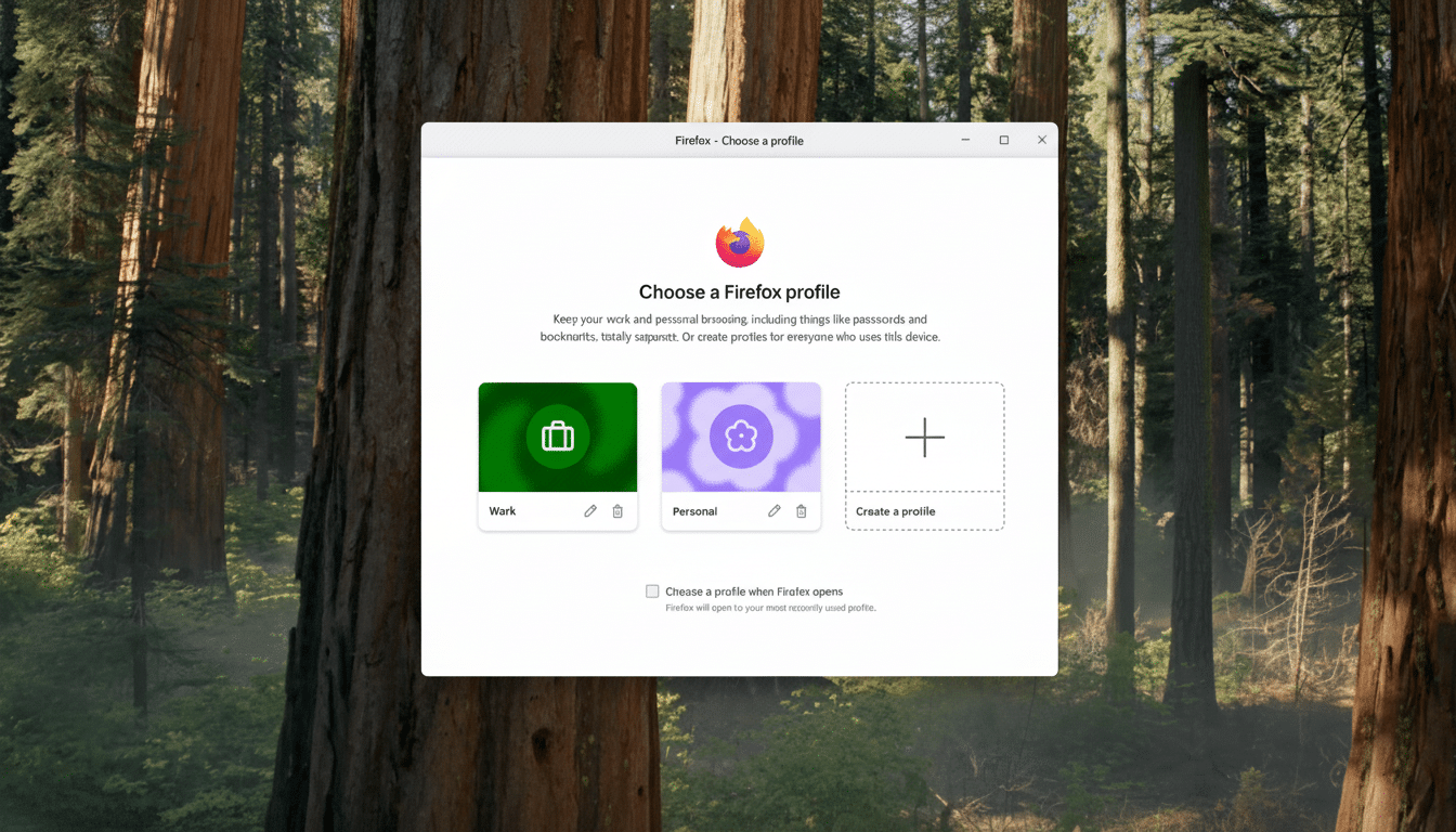 A screenshot of the Firefox profile selection window, displaying Work and Personal profile options along with an option to Create a profile, superimpo