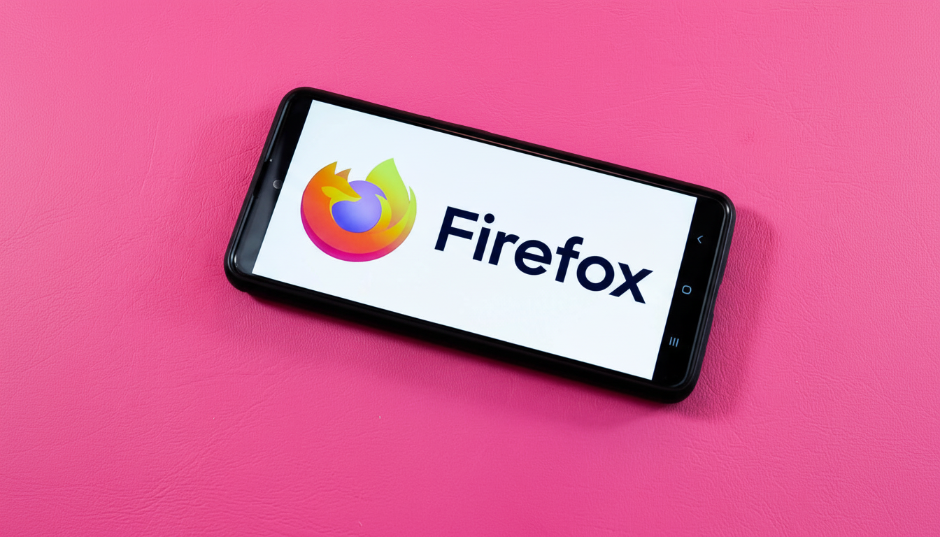 A smartphone displaying the Firefox logo and name on a white screen, set against a vibrant pink background.