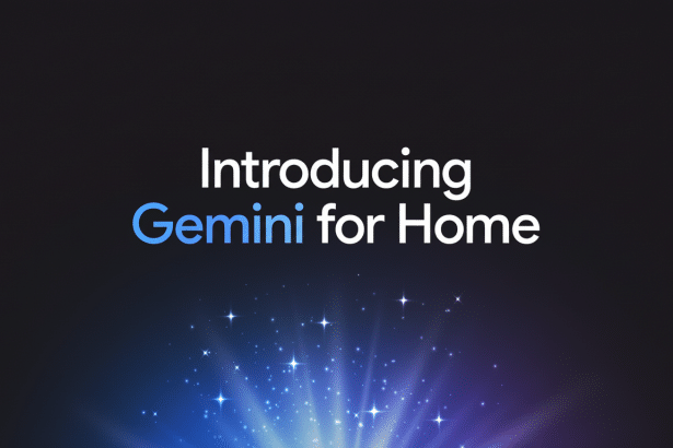 Text that reads Introducing Gemini for Home with a gradient blue Gemini and a blue and purple starry light burst at the bottom of a dark background.