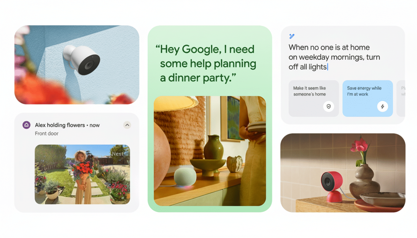 A collage of Google Nest product images and interface snippets, showcasing a white outdoor camera , a Google Assistant interaction for planning a dinner party, a notification of  Alex holding flowers, a Nest Hub in an indoor setting, and a red indoor camera with a plant .