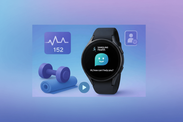 A Samsung Galaxy Watch with fitness tracking features displayed on a 1 6: 9 aspect ratio. The watch face shows a chat bubble saying Hi, how can I help