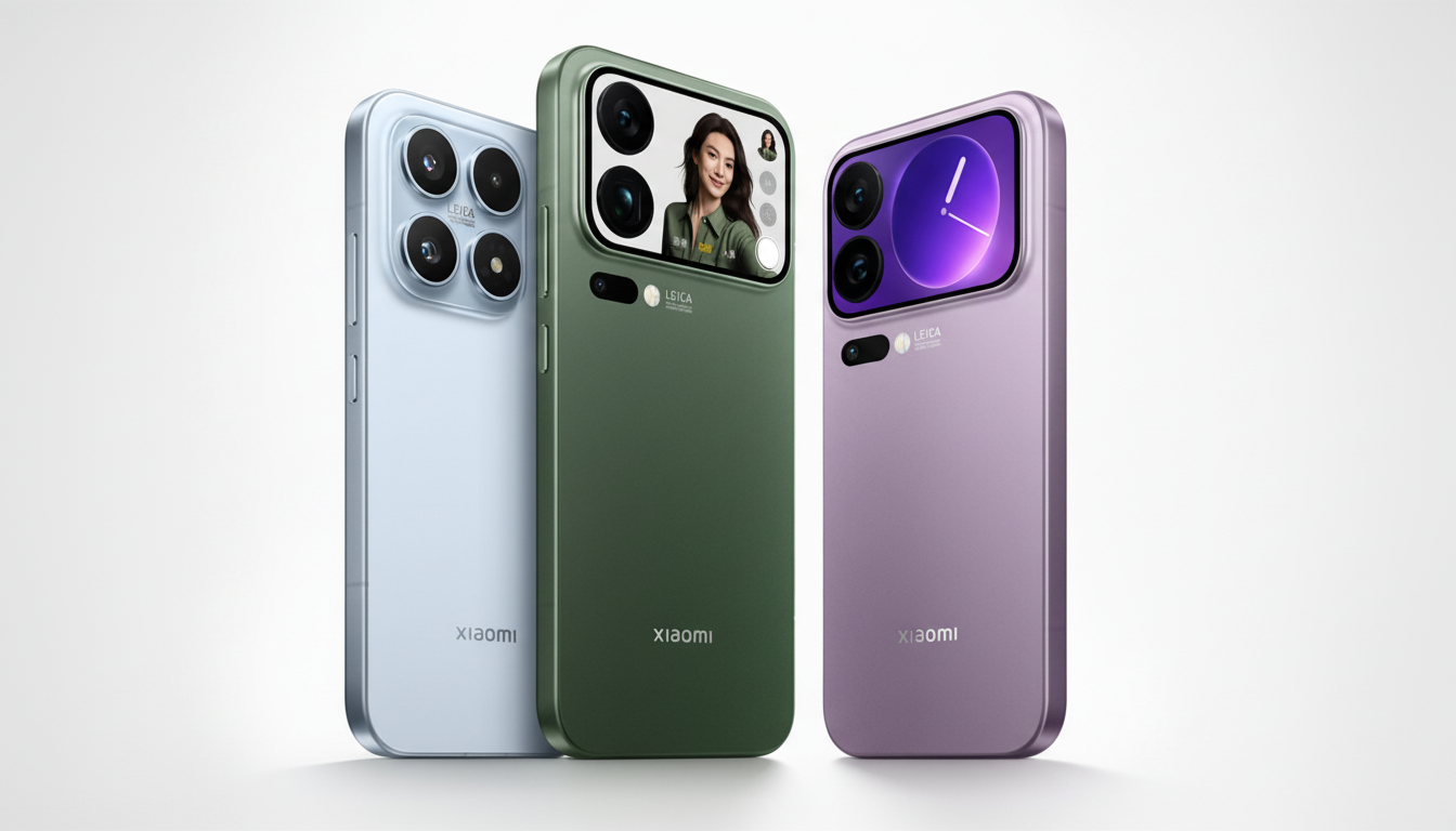 Three Xiaomi smartphones in light blue, dark green , and lavender colors are displayed on a white background, with the green phone' s screen showing a person.