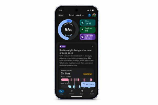 A smartphone displaying the Fitbit Premium app interface with sleep and activity tracking data.