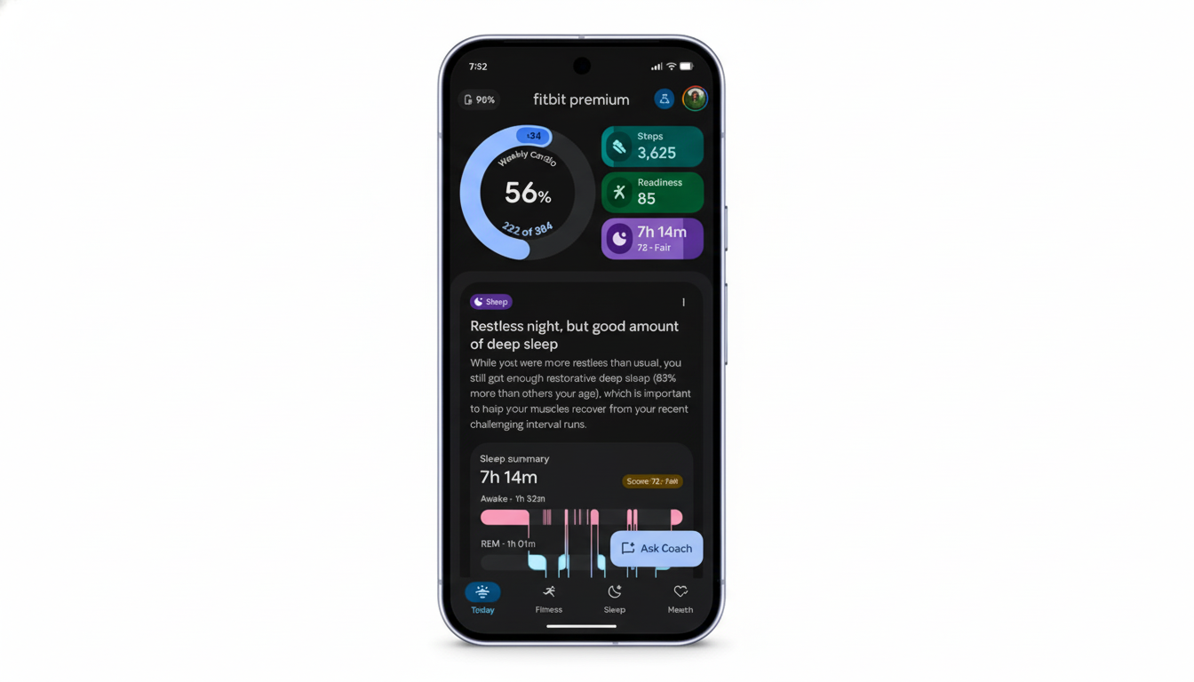 A smartphone displaying the Fitbit Premium app interface with sleep and activity tracking data.
