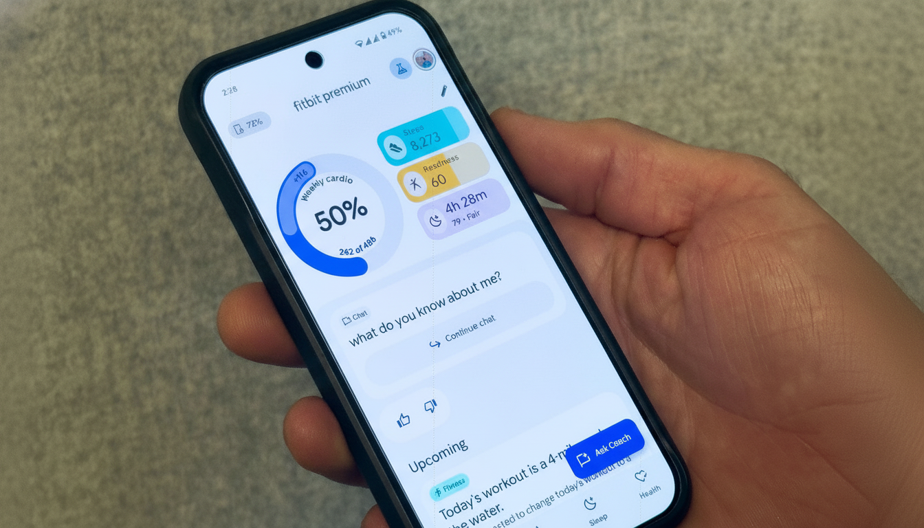 A hand holding a smartphone displaying the Fitbit Premium app interface, showing weekly cardio percentage, steps, readiness score, and other health metrics.