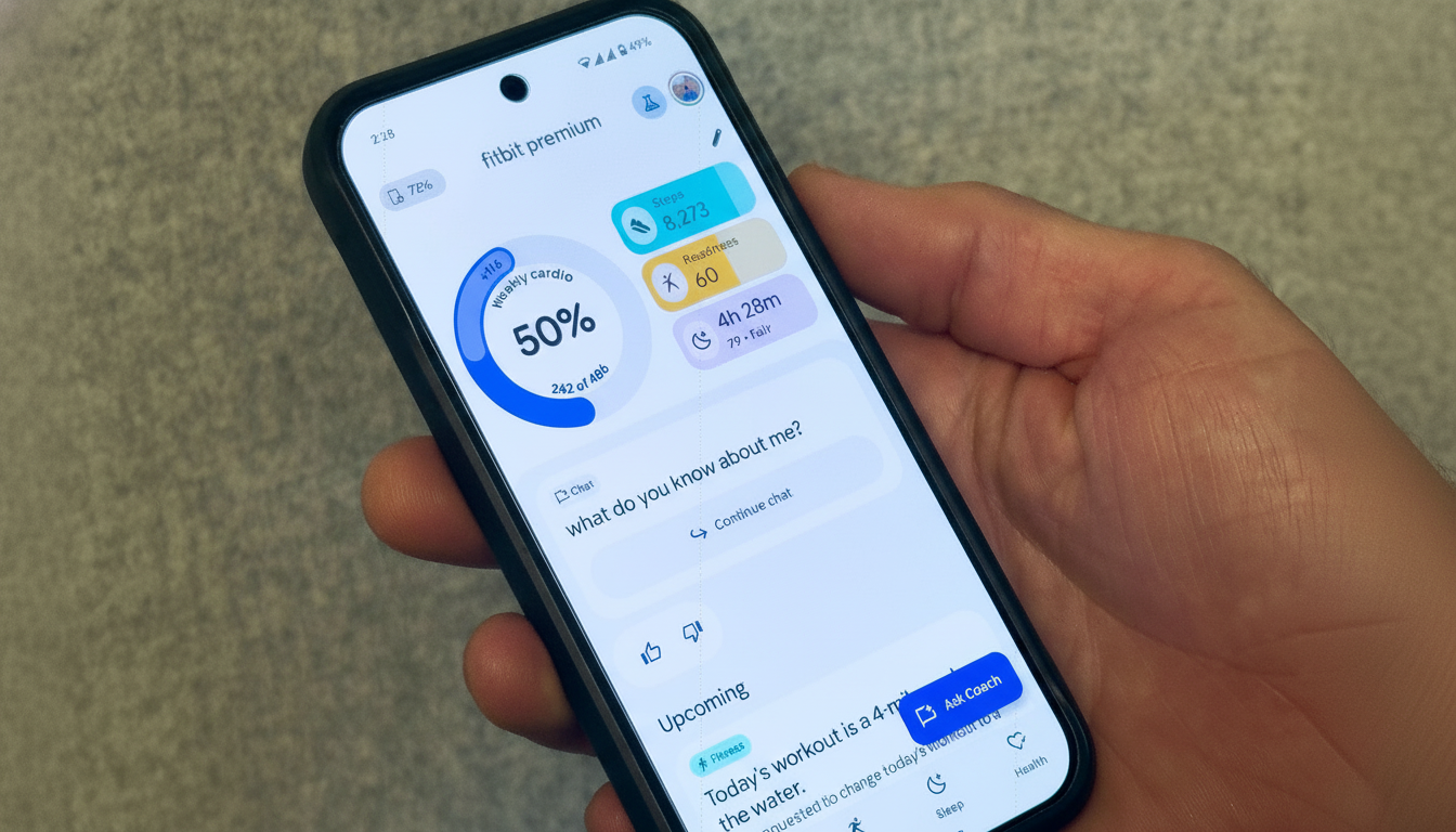 A hand holding a smartphone displaying the Fitbit Premium app interface, showing weekly cardio percentage, steps, readiness score, and other health metrics.