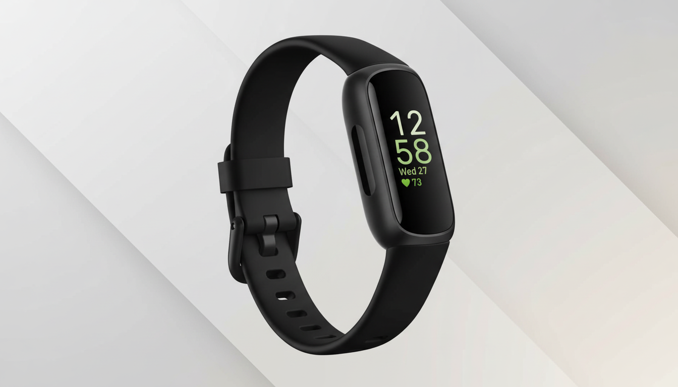 A black Fitbit fitness tracker with a digital display showing "12:58 Wed 27" and a heart rate of "73" on a professional flat design background with soft patterns.